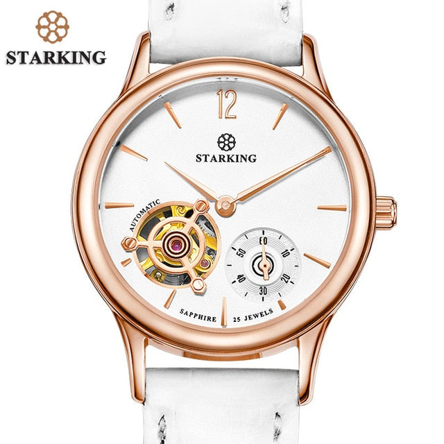 STARKING Mechanical Women Wristwatches Red Leather Skeleton Analog Automatic Watches 5ATM Famous Brand Watch Rrelogio Feminino