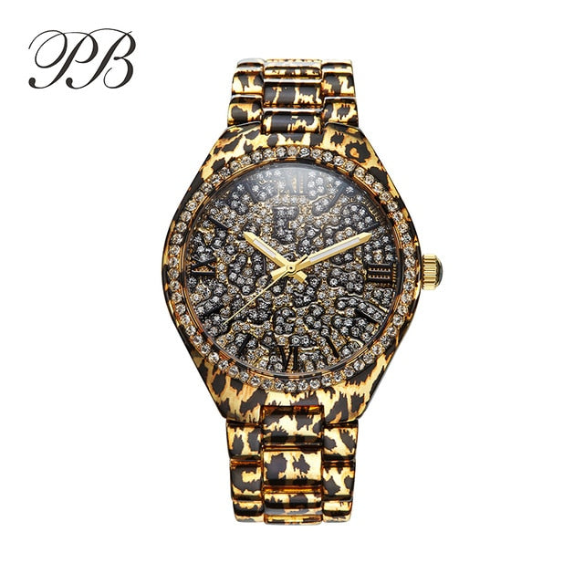 PB Watch Women Black Leopard Print Ladies White Crystal Watches Unique Leopard Chain Strap Quartz Fashion Relogio Feminino