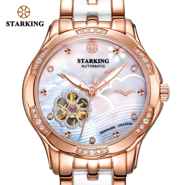 STARKING 34mm Automatic Watch Rose Gold Steel Case Vogue Dress Watches Skeleton Transparent Watch Women Mechanical Wristwatches