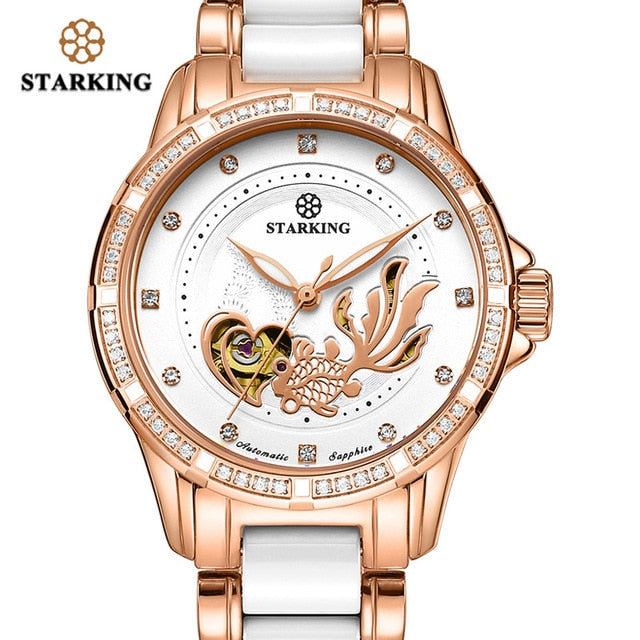 STARKING Womens Mechanical Watch Automatic Self-wind Wrist Watch 50M Waterproof Ceramic & Steel Female Clock Vintage Timepieces