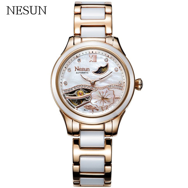 NESUN Fashion Women Automatic Mechanical Wrist Watch Top Luxury Brand Moon Phase Clock Waterproof Ladies Casual Ceramic Watch