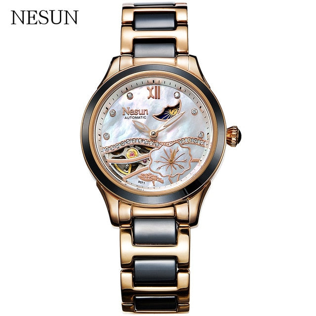 NESUN Fashion Women Automatic Mechanical Wrist Watch Top Luxury Brand Moon Phase Clock Waterproof Ladies Casual Ceramic Watch