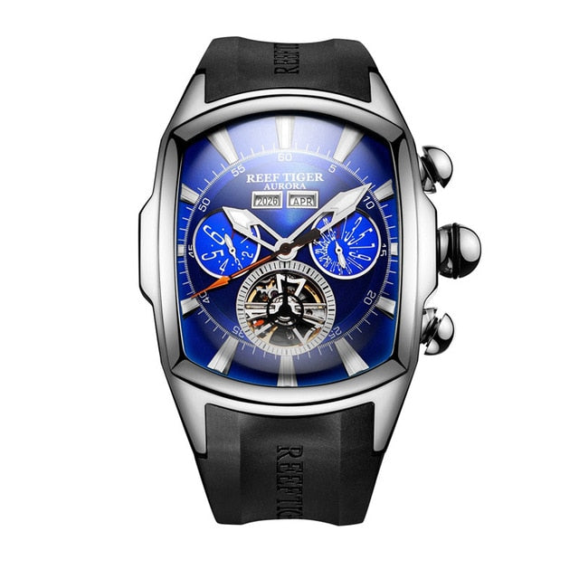 Reef Tiger/RT Top Brand Luxury Big Watch for Men Blue Dial Mechanical Tourbillon Sport Watches Relogio Masculino RGA3069
