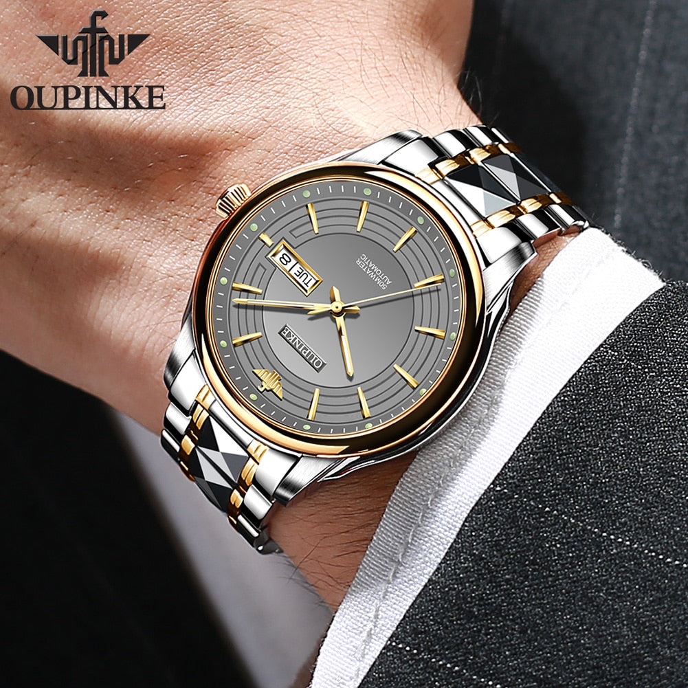 OUPINKE Men Watches Business Automatic TOP Brand Luxury Business Tungsten Steel Luminous Waterproof Date Sapphire Crystal