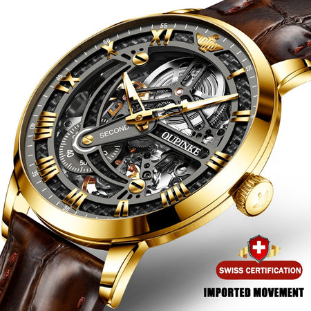 Luxury Men Mechanical Wristwatch Automatic Watch Men Classic Skeleton Leather Top Brand OUPINKE Transparent Sapphire Waterproof