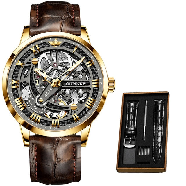 Luxury Men Mechanical Wristwatch Automatic Watch Men Classic Skeleton Leather Top Brand OUPINKE Transparent Sapphire Waterproof