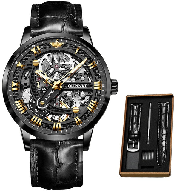 Luxury Men Mechanical Wristwatch Automatic Watch Men Classic Skeleton Leather Top Brand OUPINKE Transparent Sapphire Waterproof