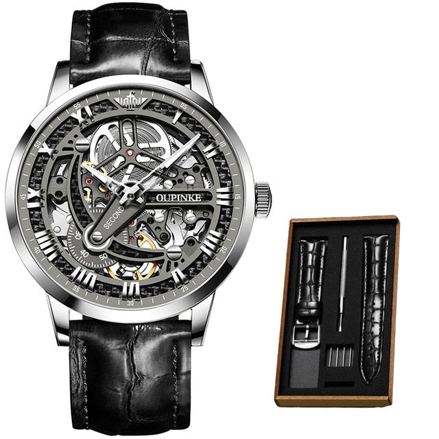 Luxury Men Mechanical Wristwatch Automatic Watch Men Classic Skeleton Leather Top Brand OUPINKE Transparent Sapphire Waterproof