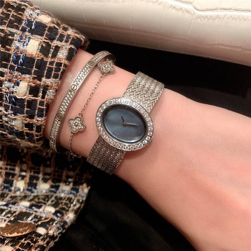 brand P woman quartz watch stainless steel watch with gems oval dial palte luxury atmosphere best gift for female