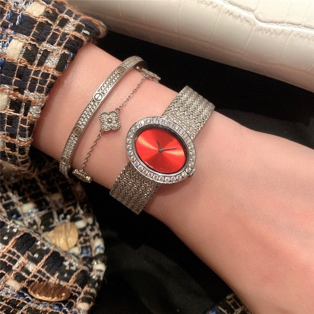 brand P woman quartz watch stainless steel watch with gems oval dial palte luxury atmosphere best gift for female
