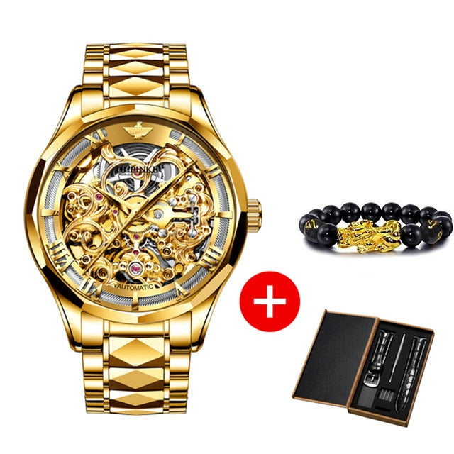 OUPINKE Top Brand Luxury Men Automatic Mechanical Watch Skeleton Tungsten Steel Waterproof Self-Wind Sapphire Glass Wristwatch