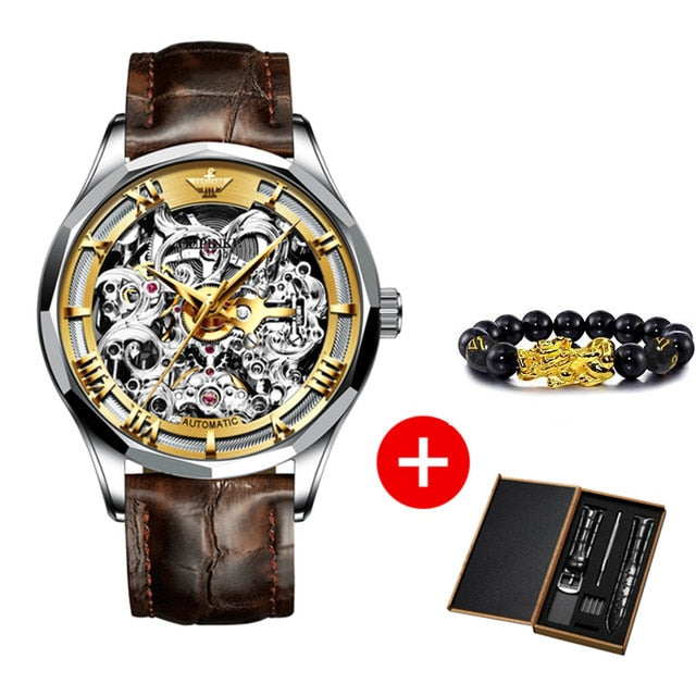OUPINKE Top Brand Luxury Men Automatic Mechanical Watch Skeleton Tungsten Steel Waterproof Self-Wind Sapphire Glass Wristwatch
