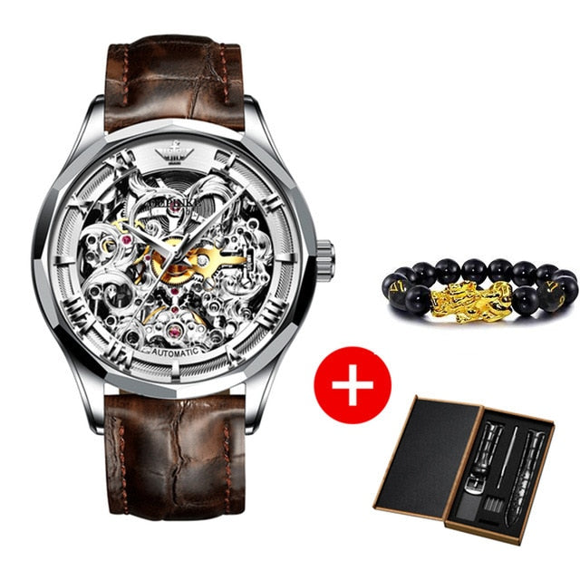 OUPINKE Top Brand Luxury Men Automatic Mechanical Watch Skeleton Tungsten Steel Waterproof Self-Wind Sapphire Glass Wristwatch
