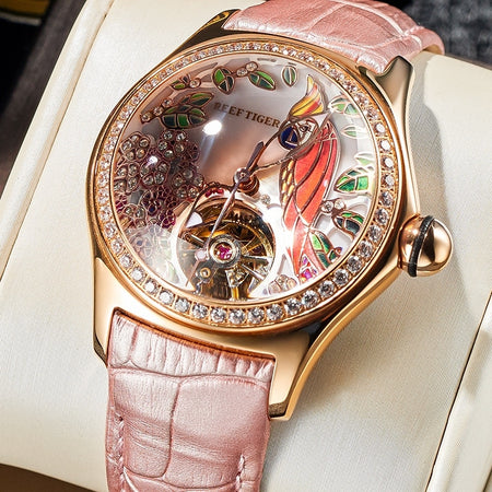 2020 Reef Tiger/RT Womens Luxury Fashion Watches Diamond Automatic Tourbillon Watch Leather Strap Watch Relogio Feminino RGA7105