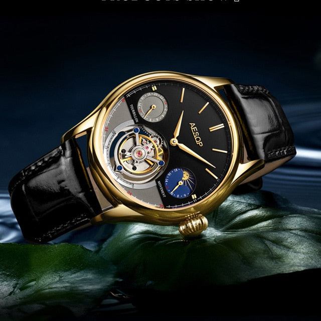 AESOP New Men's Watches Real Mechanical Tourbillon Watch for Men Wristwatch Man Skeleton Male Clock Sapphire Watch reloj hombre