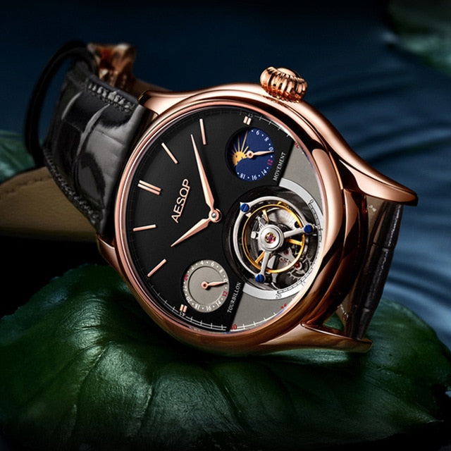 AESOP New Men's Watches Real Mechanical Tourbillon Watch for Men Wristwatch Man Skeleton Male Clock Sapphire Watch reloj hombre