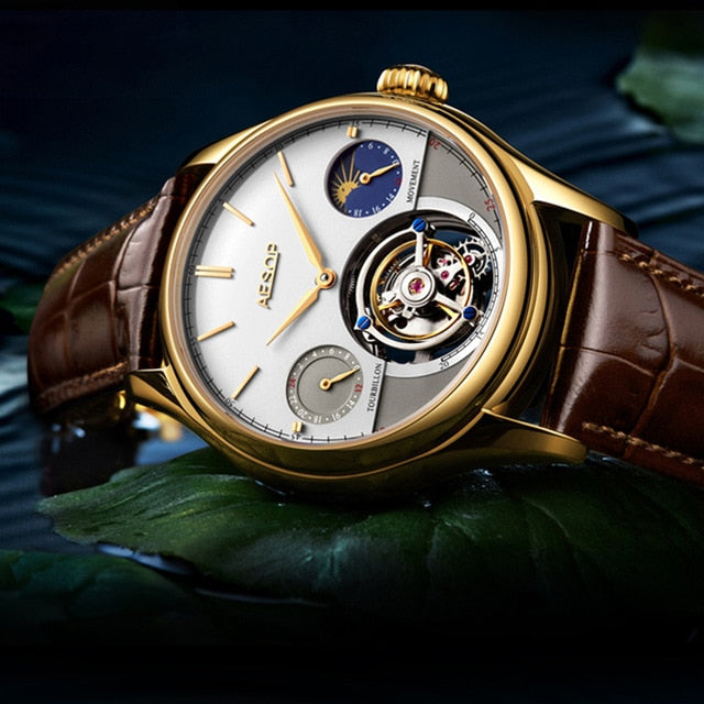 AESOP New Men's Watches Real Mechanical Tourbillon Watch for Men Wristwatch Man Skeleton Male Clock Sapphire Watch reloj hombre
