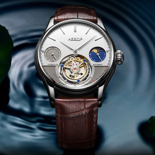 AESOP New Men's Watches Real Mechanical Tourbillon Watch for Men Wristwatch Man Skeleton Male Clock Sapphire Watch reloj hombre