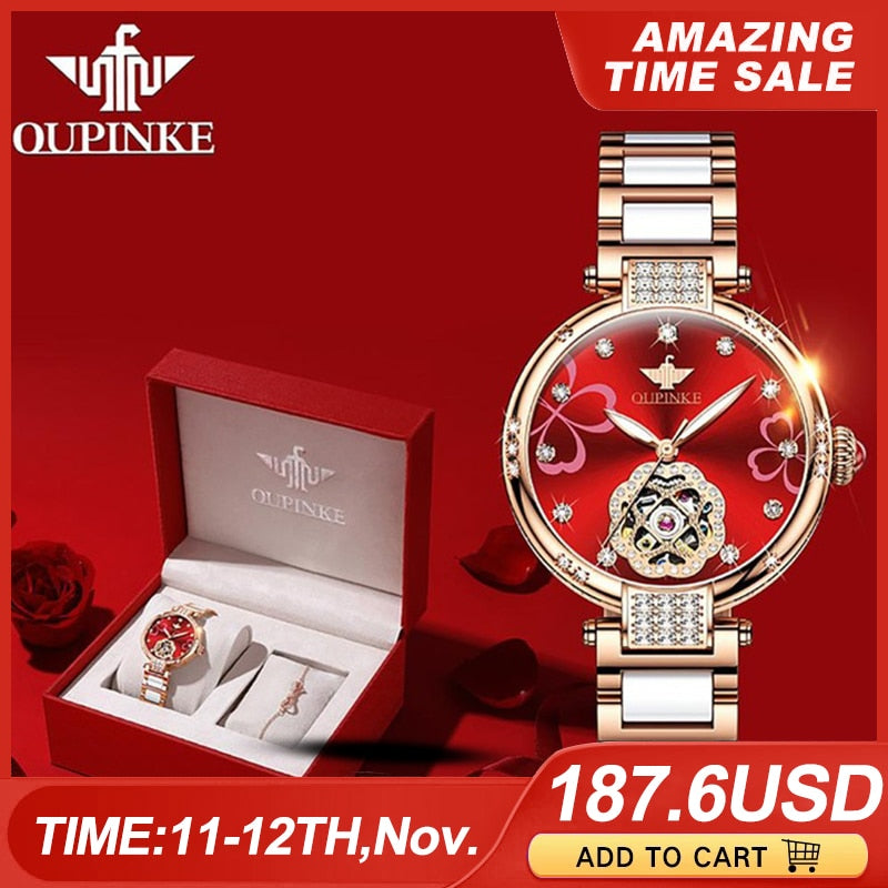 OUPINKE Ladies Fashion mechanical watch diamond ceramic Sapphire Automatic Waterpoof Flash diamond Watch Women Gifts 3183