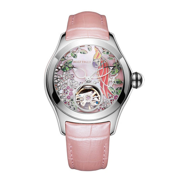 Reef Tiger Top Brand Luxury Women Watches Pink Dial Leather Strap Mechanical Watch Rose Gold Fashion Watch reloj mujer RGA7105