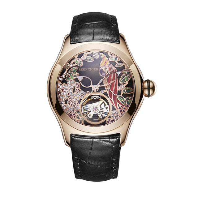 Reef Tiger Top Brand Luxury Women Watches Pink Dial Leather Strap Mechanical Watch Rose Gold Fashion Watch reloj mujer RGA7105