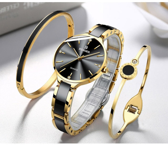 BINGER Women Luxury Rhinestone Ceramic and steel Quartz Watches Ladies Fashiond Watch Japanese Quartz Movement Relogio 2019 NEW